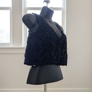 By Anthro Crochet Cropped Open Knit Vest Boho Indie Hippy Black Layering Peice